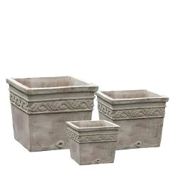 3er Set Pflanzkübel - Terrakotta - Eckig - Florales Muster - Shenoa