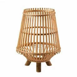 Bambusholz Laterne Rund Mit Standfüßen & Glaseinsatz - Lithena