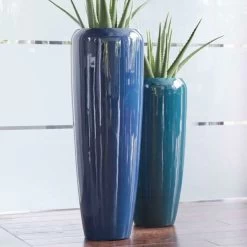Moderne Pflanzvase Für Draußen - Blau Glänzend - Polystone - Montecasaro