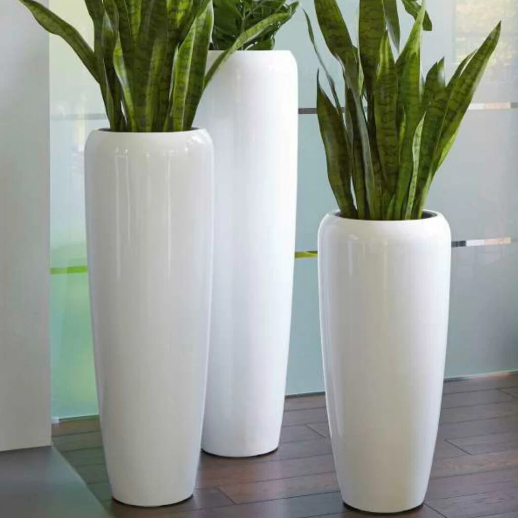 Moderne Pflanzvase Für Draußen - Weiß Glänzend - Polystone - Visso 1 Moderne Pflanzvase Für Draußen - Weiß Glänzend - Polystone - Visso