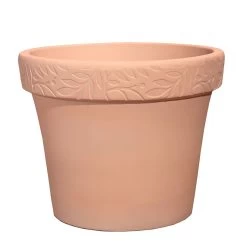 Runder Garten Blumentopf Aus Keramik Mit Schöner Olivenblatt-Verzierung - Winterfest - Terrakotta - Olea Terra Hell