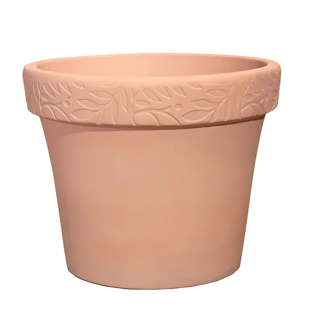 Runder Garten Blumentopf Aus Keramik Mit Schöner Olivenblatt-Verzierung - Winterfest - Terrakotta - Olea Terra Hell 1 Runder Garten Blumentopf Aus Keramik Mit Schöner Olivenblatt-Verzierung - Winterfest - Terrakotta - Olea Terra Hell