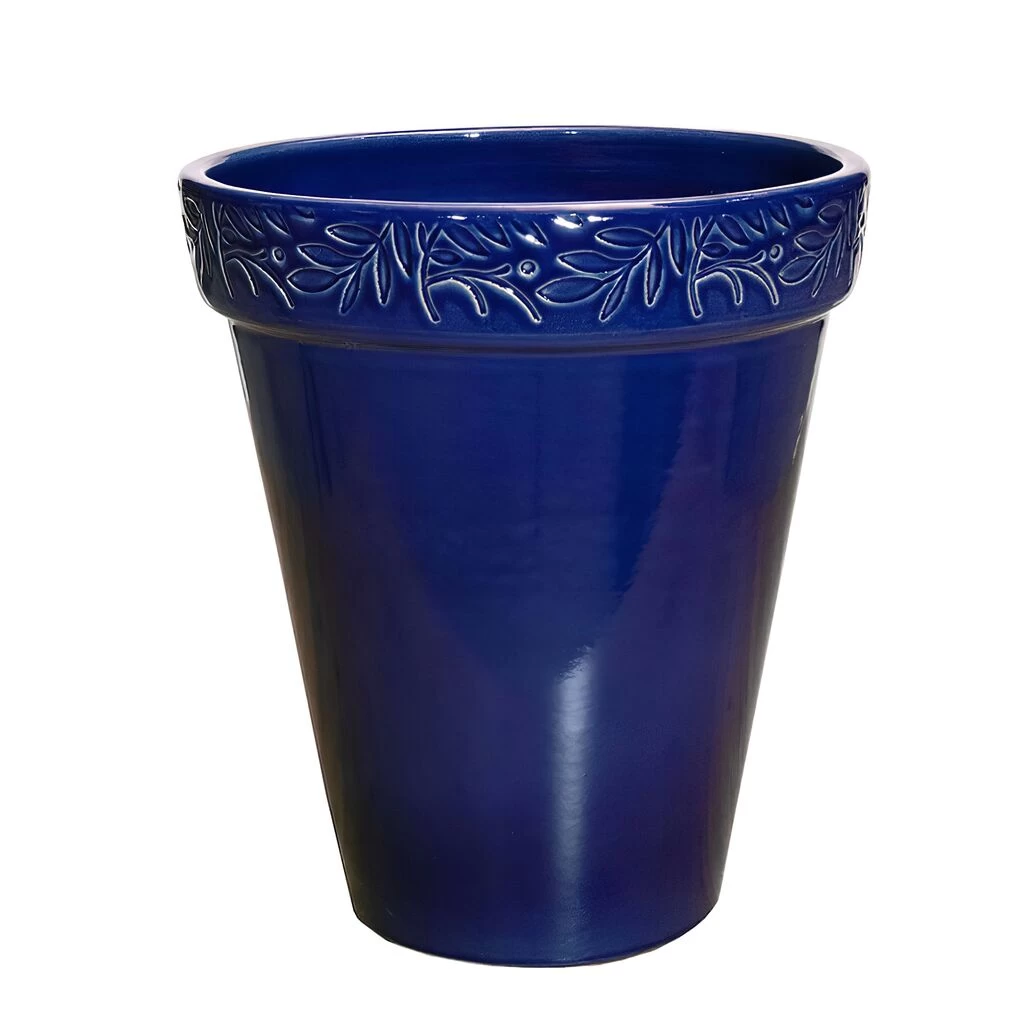 Runder Pflanzkübel Mit Floraler Verzierung Aus Steinzeug - Blau - Frostsicher - Olea Folium Azur 1 Runder Pflanzkübel Mit Floraler Verzierung Aus Steinzeug - Blau - Frostsicher - Olea Folium Azur