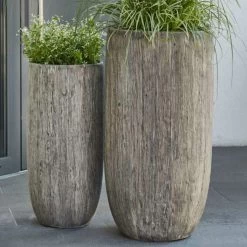 XXL 2er Set Vasen Aus Polystone - Rund - Grau Mit Holzstruktur-Optik - Zuri