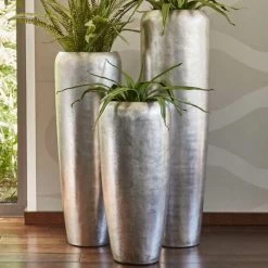 XXL Pflanzvase Für Drinnen Mit Einsatz - Polystone - Silber - Rund - Amera